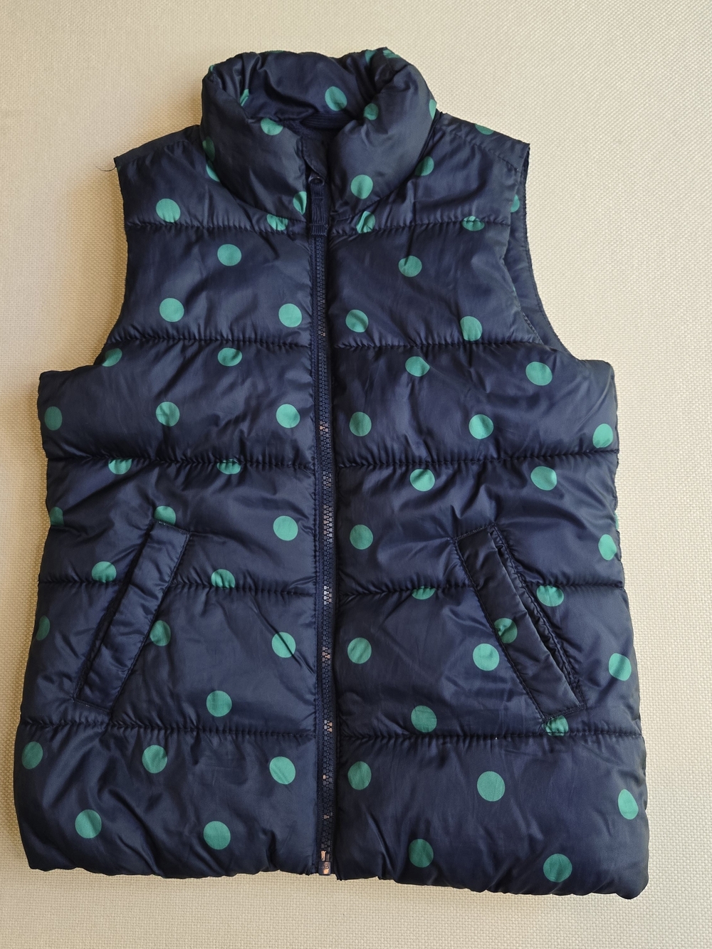 Old Navy Girls Medium 8 Navy Polka Dot Quilted Puffer Vest Zipper Front Winter